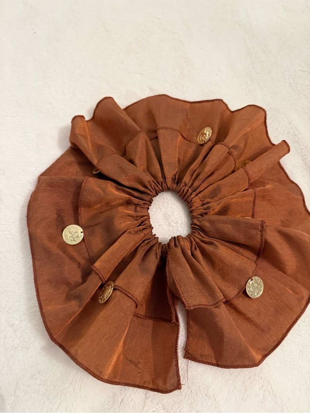 Women’s Ruffle Scrunchie with Gold Coin Accents - Rust